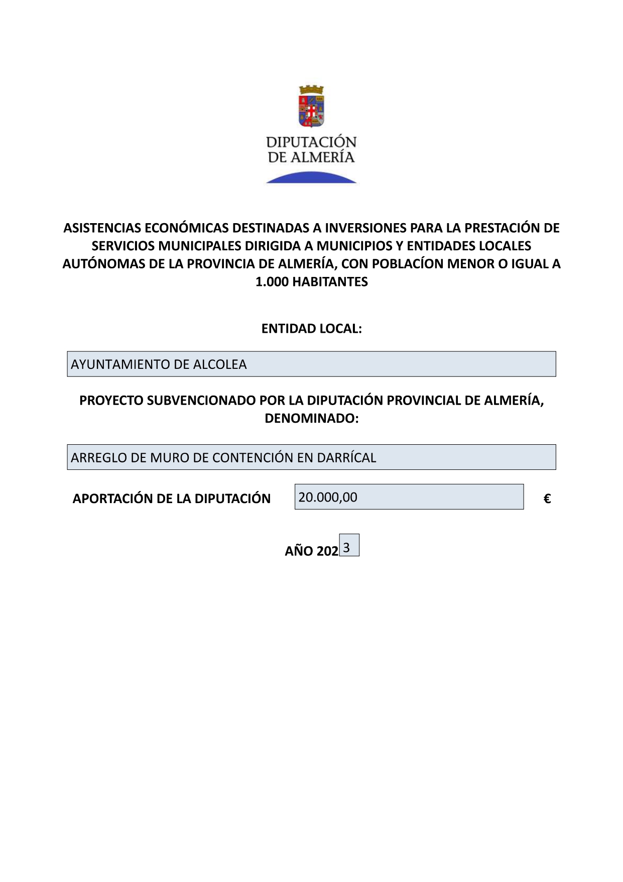 asistencia, económica, obra, darrícal, alcolea, diputación, almería, ayuntamiento